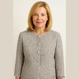 Vintage Talbots Metallic Silver Floral Lace Button Dress Formal Jacket Blazer 10